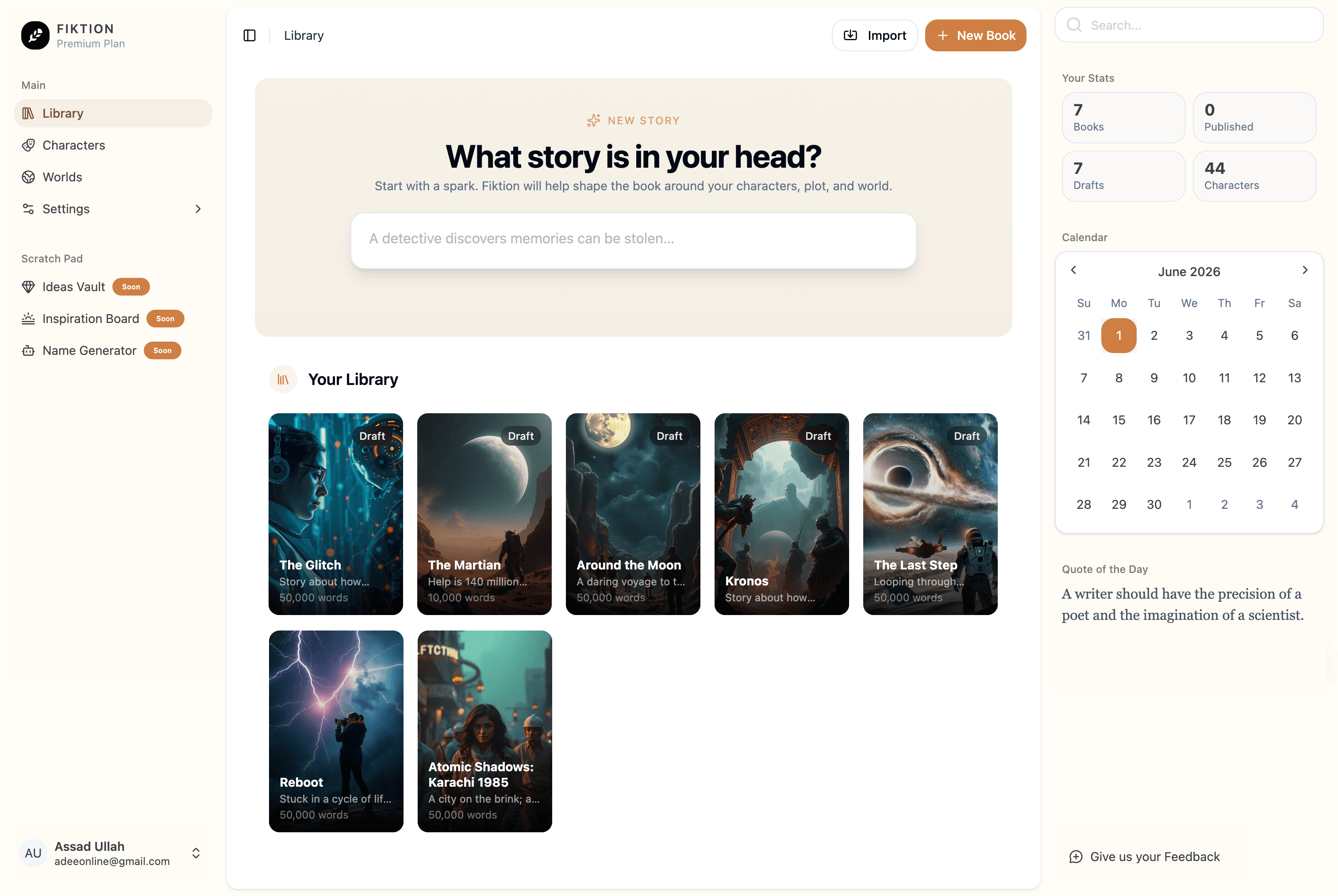 The Fiktion writing app — your library of books, calendar and daily writing quote